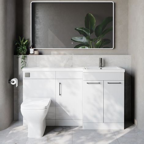 Napoli 390 Gloss White 1500mm 3 Door Vanity Unit Toilet Suite with Right Hand Square Lucia Basin - 1500mm - Gunmetal Grey 160mm HandleWith Kingston Toilet Pan and Seat