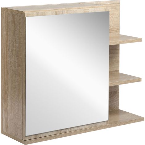 Armoire miroir salle de bain avec étagère, 3 étagères latérales, kit installation murale, panneaux particules aspect chêne clair