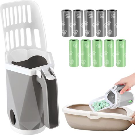 Pelle à litière pour chat avec conteneur, pelle à litière portable de grande capacité, pelle à chats avec 10 rouleaux de sacs à ordures, pour le nettoyage de la litière du chat (gris) (1/5)