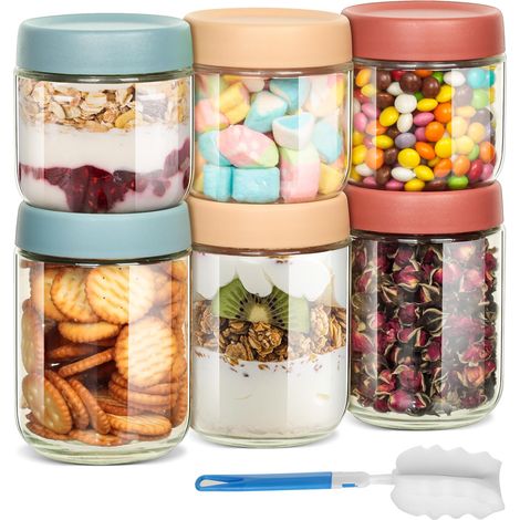 6 Pcs Pots d'avoine de nuit,350ml+480ml Pot de Conservation Alimentaire Réutilisable avec Couvercle,Bocal en Verre Hermétique,pour Overnight Oats,Yaourt,Salade, Confiture,Préparation des Repas (1/5)