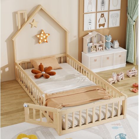 MEUBLIV Lit cabane 90x200 cm naturel – toit cheminée et barrières, sans matelas (1/5)