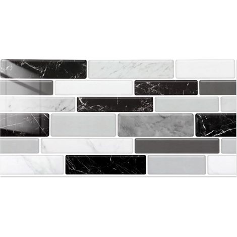 12 Pièces Credence Adhesive pour Cuisine et Salle de Bain, Stickers Adhésive Carrelage Autocollant Mural, 30 x 15 cm, Noir et Blanc Marbre, Carrelage Carreaux Adhésif Mural Décoration Murale (1/5)
