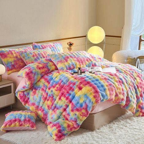 Bettwäsche 155x220 cm Plüsch Langhaar Regenbogen Bunt Kuschelig Warm 3-teilig mit Reißverschluss