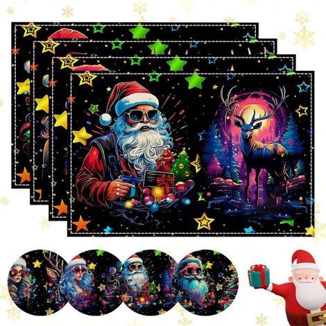 4 PCS Christmas Placemat, Christmas Table Plate Mat, Christmas Table Plate Mat, Washable Christmas Table Decoration, Non-Slip and Heat Resistant, Suitable for Parties and Dinner (1/5)