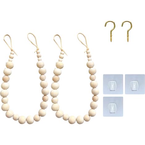 Lot de 2 embrasses de rideaux, perles en bois, crochets métalliques, fixation sans trace, salon chambre (1/5)