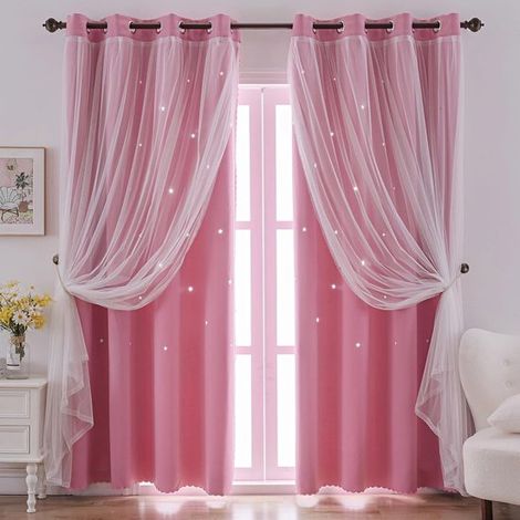 Rideau de fenêtre – Rose – Double couche – Dégradé étoiles découpées – 134x183 cm – Chambre de fille (1/5)