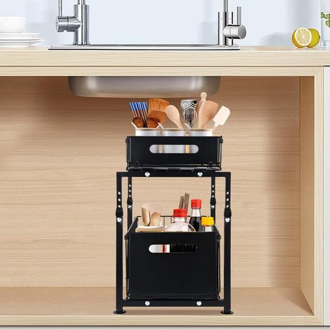 1 - Organisateur Coulissant - Étagère à Épices - Rangement Sous Évier avec 2 Tiroirs - Pour Cuisine et Salle de Bain - Noir - 29x38x49cm