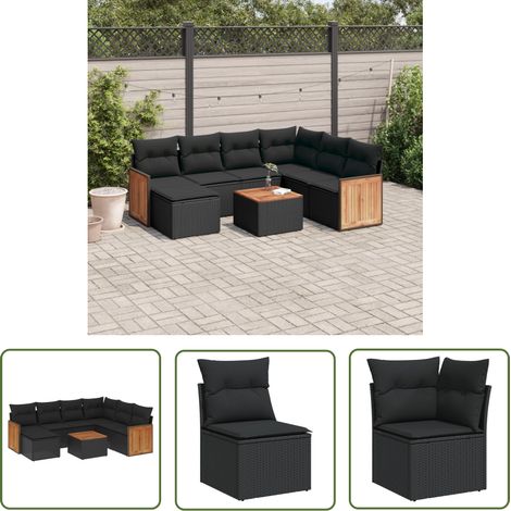 The Living Store 8-tlg. Garten-Sofagarnitur mit Kissen Schwarz Poly Rattan - Gartenmöbelset - Rattan Möbel - Outdoor Set - Lounge Set - Esstisch (1/5)
