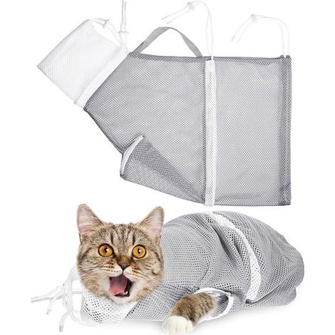 Sac de bain pour chat - 1 pièce - Sac de lavage pour chats - Sac de toilettage - Sac pour animaux - Sac en filet - Convient pour couper les griffes et nettoyer les dents - Gris (1/5)
