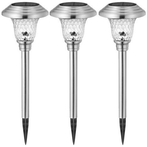 Lot de 3 bornes solaire en acier inoxydable, éclairage paysager Lanternes solaires décoratives pour extérieur, terrasse, jardin, lumière blanche (1/5)