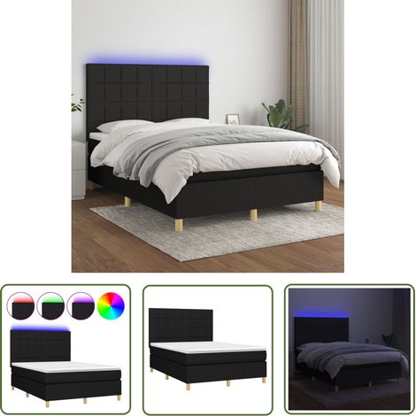 The Living Store Sommier à lattes de lit et matelas et LED Noir 140x200 cm Tissu - Lit Plateforme - Lit Design - Lit Moderne - Lit Avec Rangement - Lit Double (1/5)