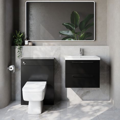 Napoli 390 Cento Matt Black 1200mm Wall Mounted 2 Drawer Vanity Unit and Toilet Suite with Glide Basin - 1200mm - Chrome 320mm HandleWith Kingston Toilet Pan and Seat