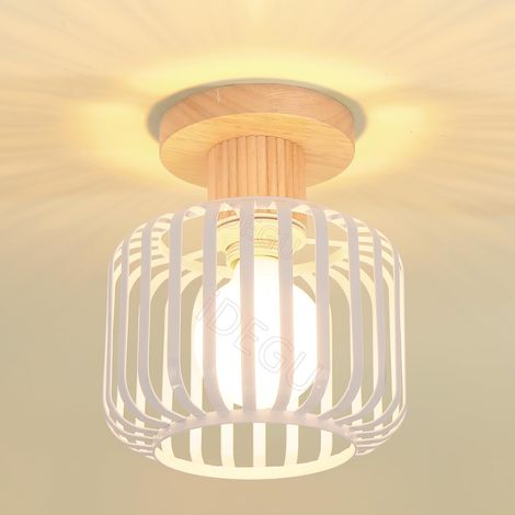 Vintage Plafonnier 18CM Lustre Industriel en Métal Cage avec Décor Bois Suspension Abat-Jour Lampe de Plafond Rétro Luminaire E27 Éclairage Décor pour Chambre Salon Café Entrée Couloir (Blanc) (1/5)