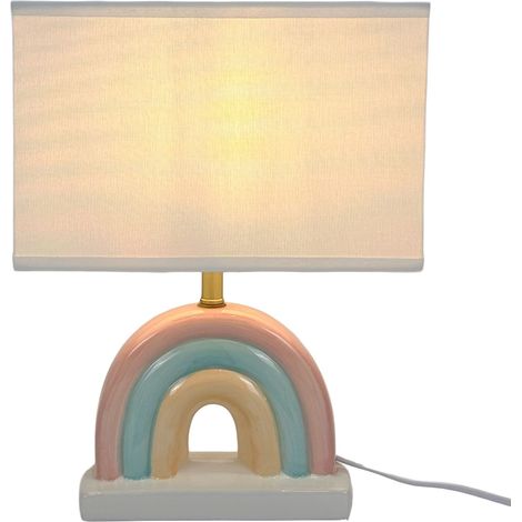 Relaxdays Lampe de table arc-en-ciel, tissu & céramique, H x L x P : 37 x 28 x 15 cm, chambre d'enfant, blanc/pastel (1/5)