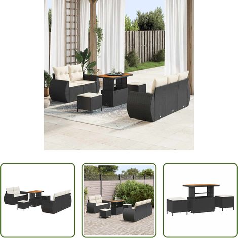 Poly-Rattan - Gartensofa-set mit Kissen 8 pcs Schwarz und Creme Poly-Rattan (1/5)