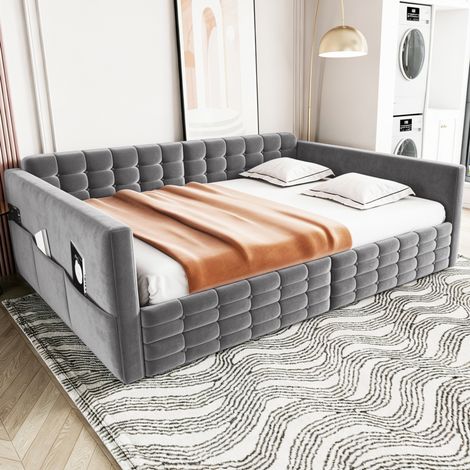 Canapé Lit 90x190 cm enfant avec 2 tiroirs et poches de rangement, sommier à lattes, velours - gris (1/5)