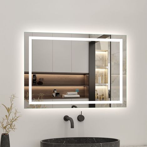 AICA Specchio-Bagno-con-Luce, Specchio-Rettangolare 80x60 cm, Specchio a Parete, Tocco Interruttore, 6000K Luce Bianco, Antiappannamento (1/5)