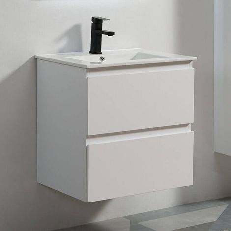 Rue Du Bain – Meuble de salle de bain suspendu 60 cm – 2 tiroirs avec vasque céramique – MDF blanc brillant – Coulisses soft close (1/5)