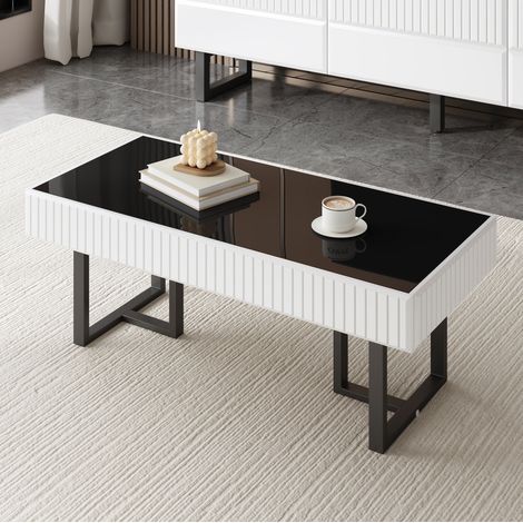 Tavolino rettangolare 110x50,5x41 cm in MDF con struttura in metallo, design moderno, nero e bianco (1/5)