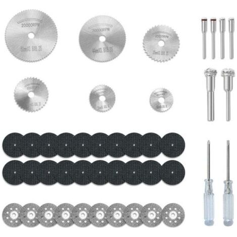 Jeu de 44 disques de coupe compatibles avec le plastique pour outils rotatifs, 6 lames de scie circulaire HSS, 20 disques de coupe en résine, 10 disques de coupe diamantés avec 2 tournevis. (1/4)
