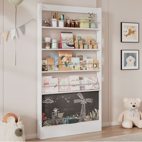 Librería infantil estrecha de 4 niveles con pizarra, 100 x 10 x 180 cm, blanco, metal y MDF (1/5)