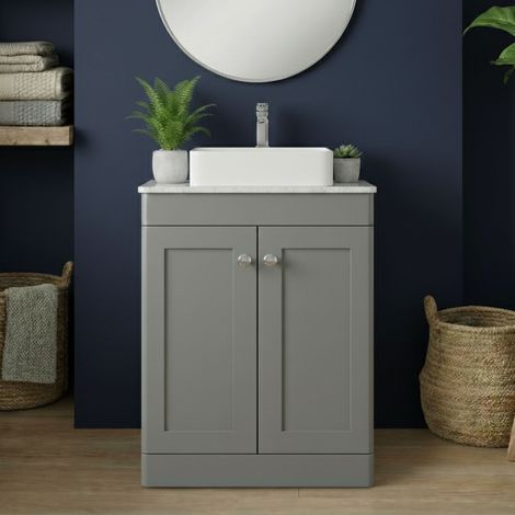 Nuie Classique Floor Standing 2-Door Vanity Unit with White Marble Worktop 600mm Wide - Satin Grey (1/3)