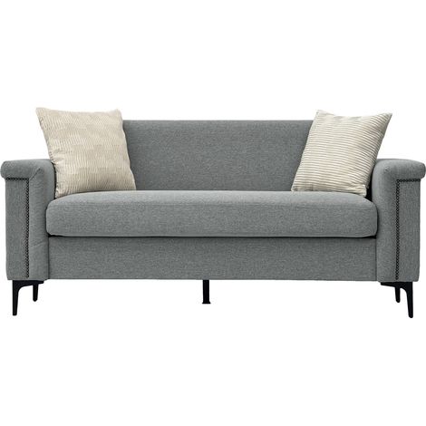 Canapé 2 places compact en tissu effet lin gris clair, assise ergonomique, pieds métal noirs et style scandinave moderne, pour petit salon – CHICFURN (1/5)