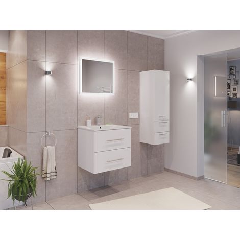 Badmöbel Set Firenze 60 3tlg. LED Spiegel und Seitenschrank weiß hochglanz
