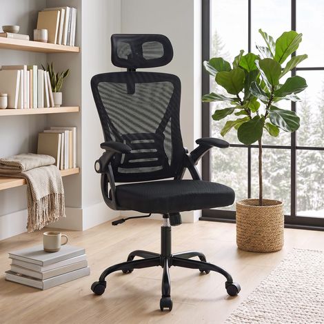 Chaise Bureau Ergonomique, Accoudoirs Relevables, Appui-tête, Fonction Basculante, Hauteur Réglable, 59x62x125cm, Noir (1/5)