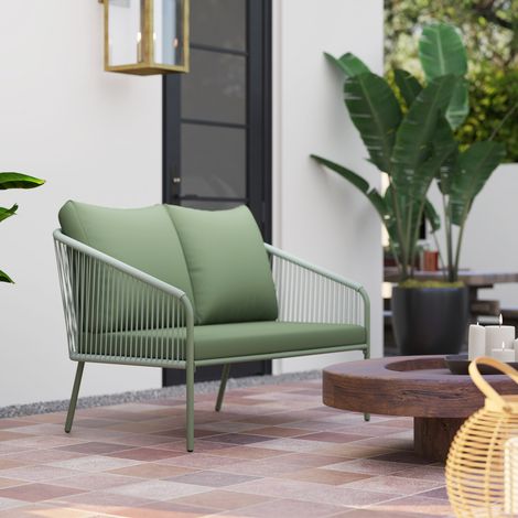 Zweisitzer-Gartensofa aus Kunstharzgeflecht mit Kissen, Outdoor-Sofa mit Armlehnen und Stahlrahmen, 112 x 72 x 76 cm, grün