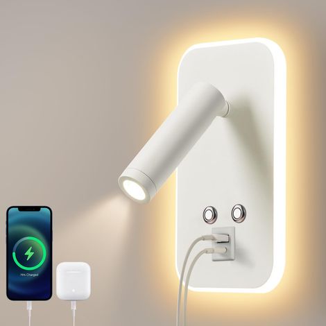 LED Wall Light, Dimmable Touch Switch, 3000K, Bedside Reading Light with USB A+C Charging Port, Wall Mounted Bedside Lamp for Hotel Room, (3W+7W) White (1/5)