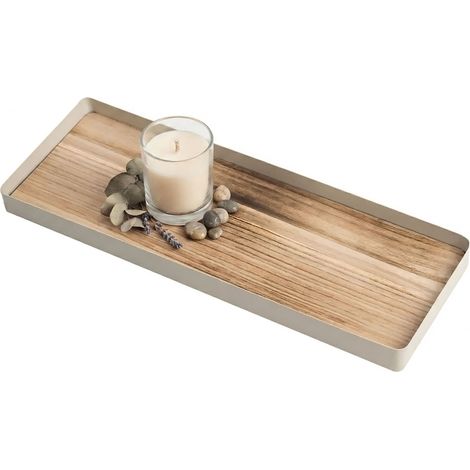 Kerzentablett mit Metall Rahmen und Holz Boden - 45 cm x 18 cm - Deko Tablett beige natur rechteckig mit Rand