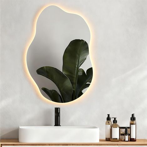 Miroir de salle de bain intelligent 80 x 55 cm avec horloge LED, anti-buée, incassable, à intensité variable, 3 températures de couleur, asymétrique (horizontal/vertical) (1/5)