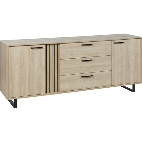 Design-Buffet 220cm mit 2 Türen und 3 Schubladen für das Wohnzimmer in heller Eichenfarbe, Kollektion LOFT, mit Metallfüßen