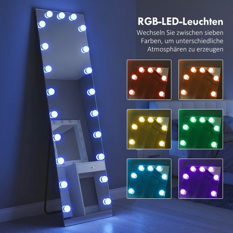 Miroir en pied grand format 150x40 cm, éclairage LED multicolore RGB avec 21 ampoules, 7 teintes, interrupteur tactile et mémorisation. (1/4)