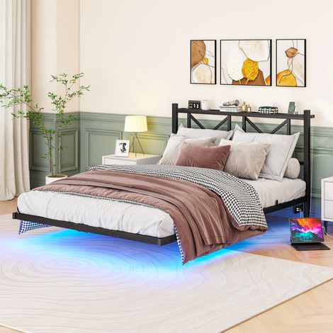 MEUBLIV Cama 140x200 cm negra – LED, cabecero con cargador, sin colchón (1/5)
