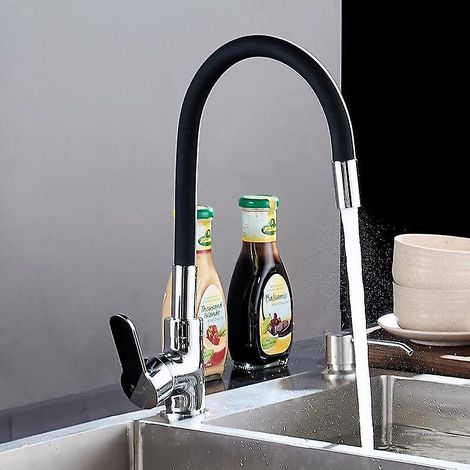 robinet De Cuisine Flexible Bec Haut Orientable Librement Mitigeur Vier Flexible Laiton Chrom Et Noir Robinet Evier Monotrou Eau Chaude Et Froide (1/2)