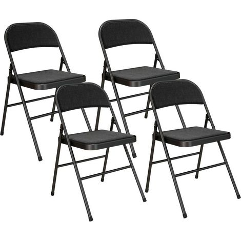 Ensemble de 4 chaises pliantes, chaises de bureau portables avec coussin, aspect lin, pieds en acier, idéales pour la réception ou la salle d'attente d'un bureau, noires. (1/5)