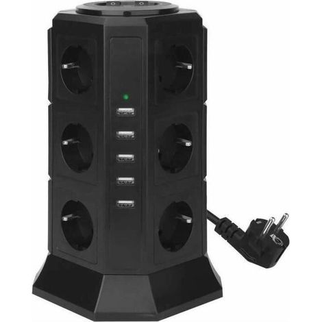 Tour Multiprise Parasurtenseur Parafoudre 12 Prises avec 5 USB 4,5A Ports BLEOSAN - Cordon de 2m - Noir (1/4)