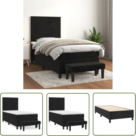 The Living Store Sommier à lattes de lit avec matelas Noir 90x200 cm Velours - Lit Plateforme - Lit Velours - Lit Double - Literie - Chambre À Coucher (1/5)