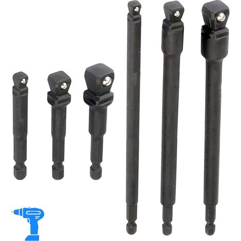 Juego adaptadores de impacto para taladro con cabeza de bola cortos y largos 1/4", 1/2" y 3/8", 6 unidades
