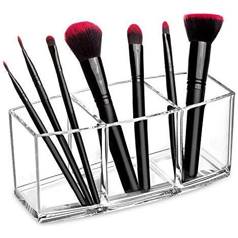 1 x Organisateur cosmétique (pinceaux non inclus), porte-pinceaux, accessoire de coiffure, organisateur élégant avec 3 compartiments pour pinceaux en acrylique transparent (1/5)