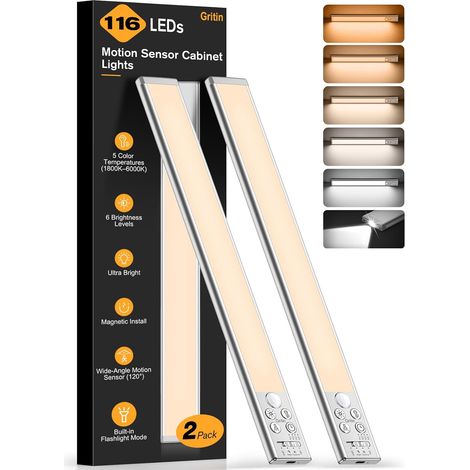 Gritin 2026 Gen2 Cabinet Lamp with Torch, 6 Brightness - 37.3 cm  5 Colours & 4 Modes, Rechargeable Kitchen Ruler, Motion Detector, Easy Installation LED Magnetic Cabinet - 2 Pack (1/5)
