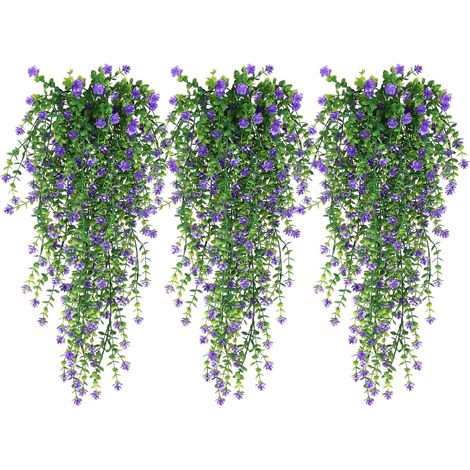 Un ensemble de 3 plantes décoratives suspendues d'extérieur – fleurs artificielles résistantes aux UV, convenant aux murs, balcons et terrasses. (1/4)
