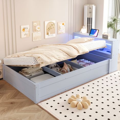 Lit multifonction 90 x 200 cm avec prises, rangements, LED, hydraulique, gris, REDOM (1/5)