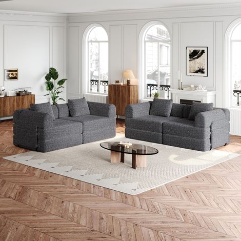 Divano letto trasformabile a 4 posti, divano letto modulare con vano portaoggetti nel bracciolo, rivestimento in ciniglia e robusta struttura in acciaio, Grigio (1/5)