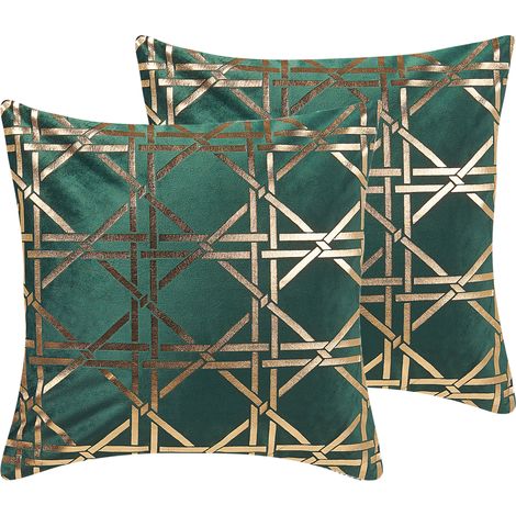 Conjunto de 2 cojines decorativos patrón diamantes geométrico verde oscuro/dorado 45 x 45 cm decoración glamour Cassia