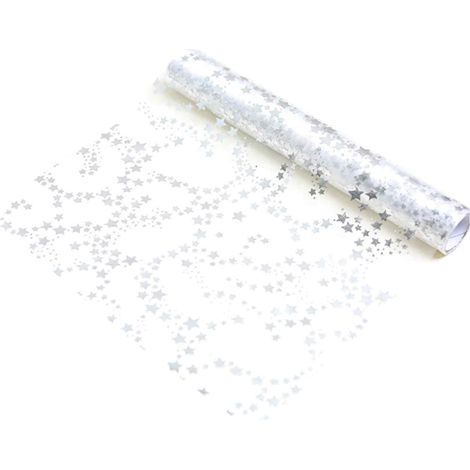 Table Runner - Organza - 28 cm x 5 m - Transparent with Silver Metallic Stars - Festive Table Decoration for Christmas Advent Parties - 1 Piece