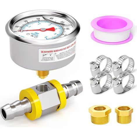 06BAR/90PSI Glycerine Filled Stainless Steel Fuel Pressure Gauge 1/8" BSP 1.5" DIAL FACE, with Fuel Line Pressure Adapter 1/2" Liquid Filled Pressure Gauge (1/5)