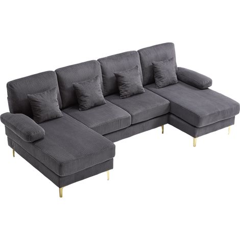 CHICFURN Divano a U 265x135x88 cm velluto grigio, LED, USB-C, 4 cuscini per salotto moderno (1/5)